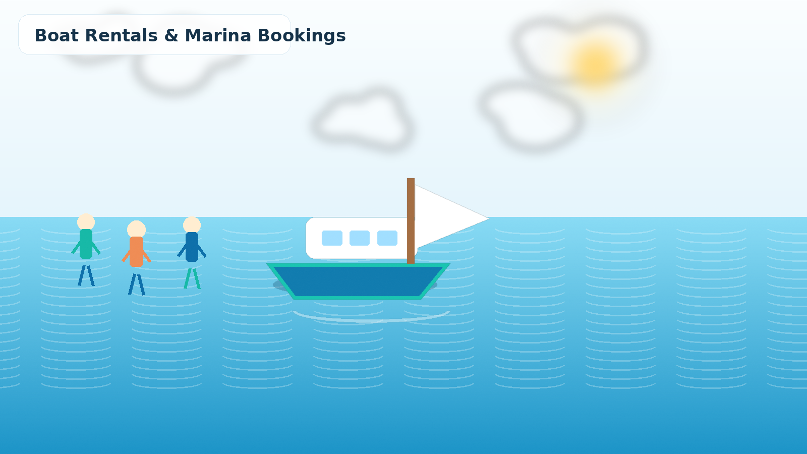 Photo-like waterfront scene with pontoon boats, marina rentals, and happy guests on the water