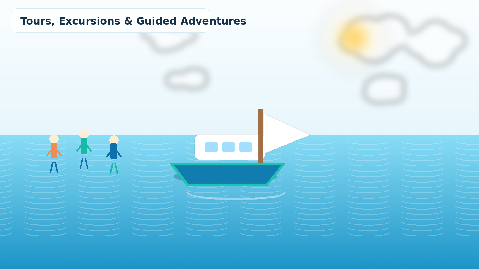 Photo-like guided water excursion scene with groups enjoying outdoor adventures and tours