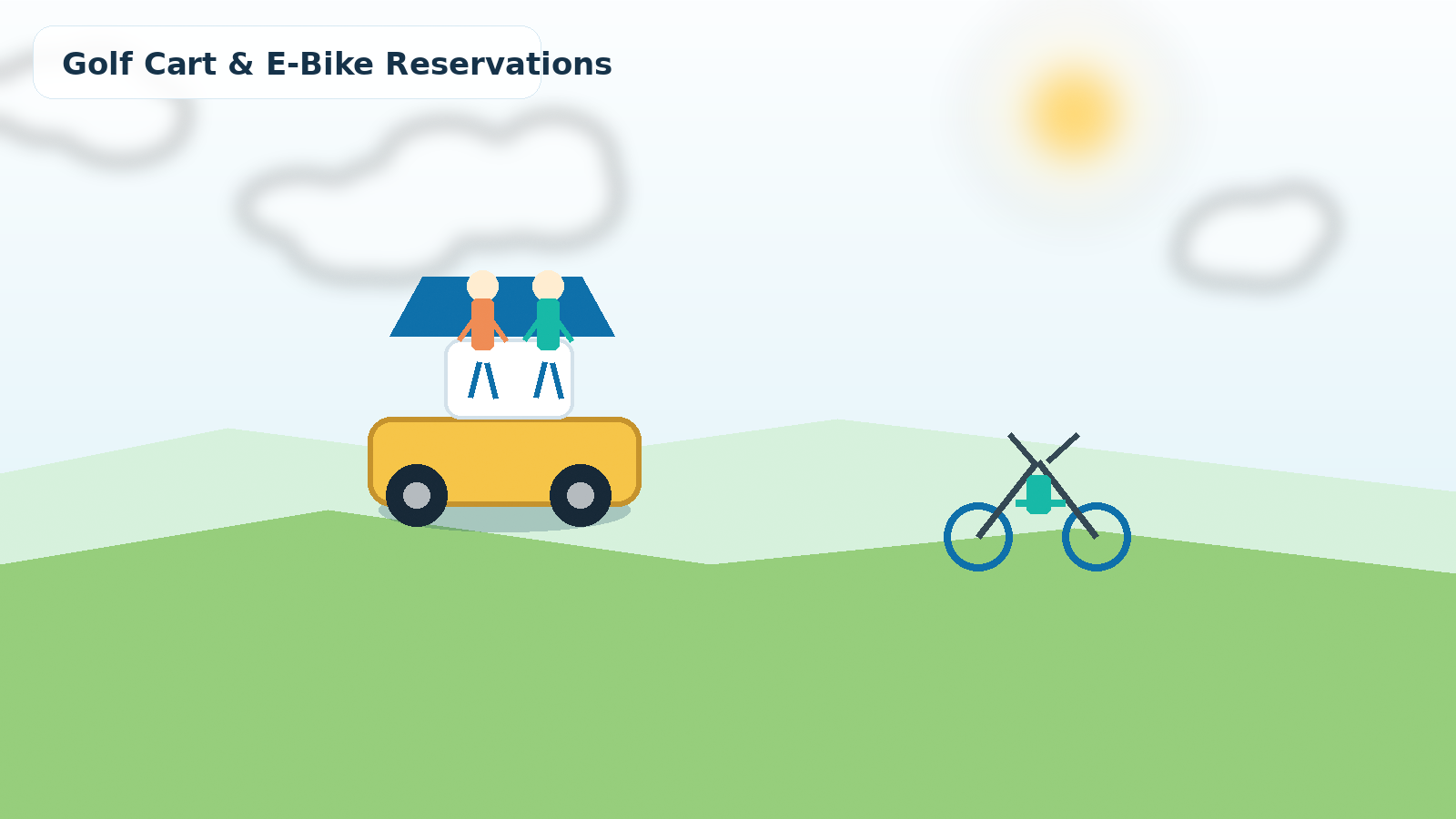 Photo-like resort scene with golf carts and e-bike rentals near an outdoor vacation area