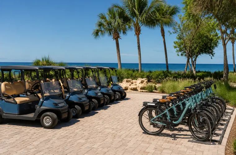Photograph of golf carts and e-bikes at a coastal rental operation