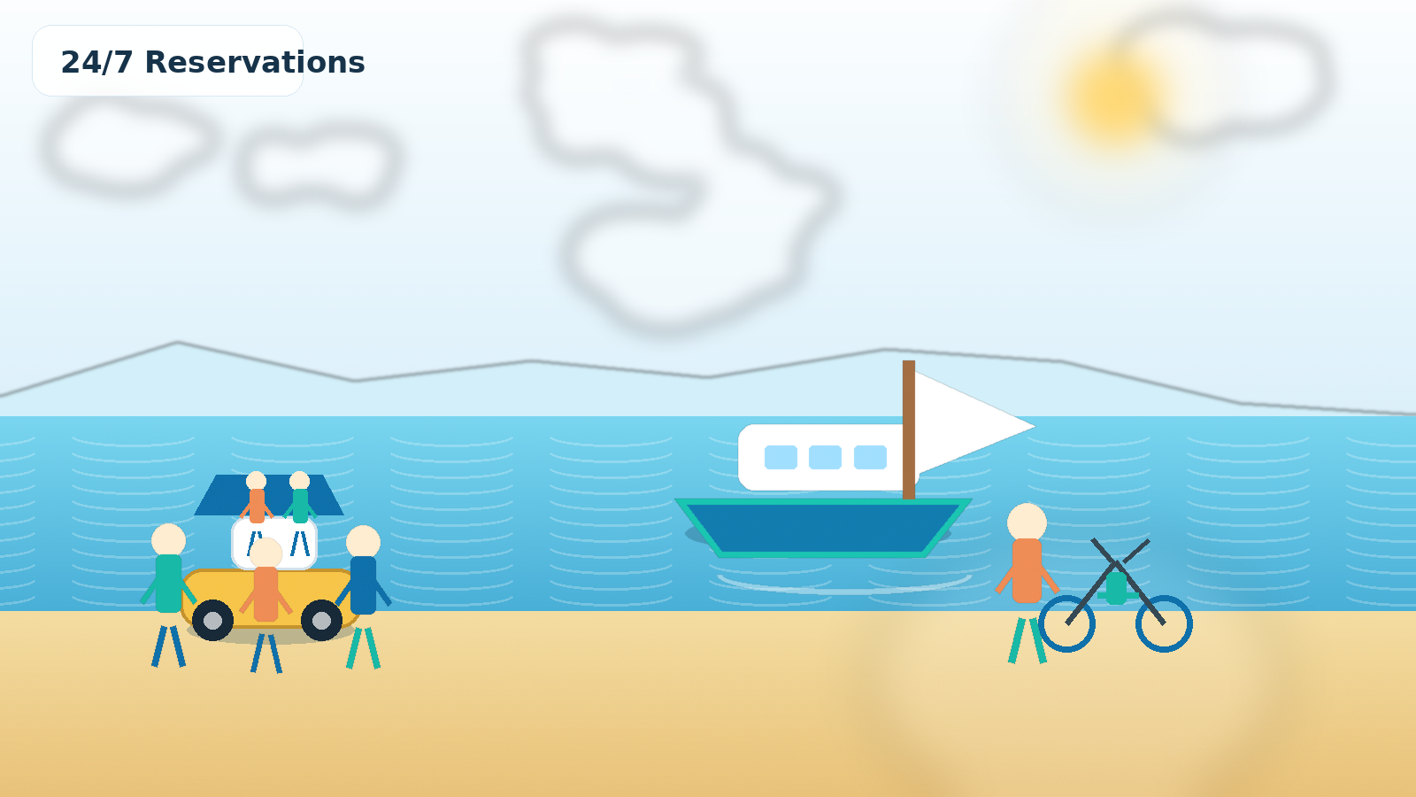 Photo-like beach and marina scene with boats, golf carts, e-bikes, kayaks, and people enjoying outdoor rentals