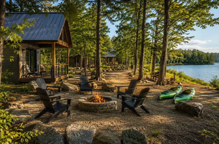 Photograph of a lakeside campground and outdoor rental setting