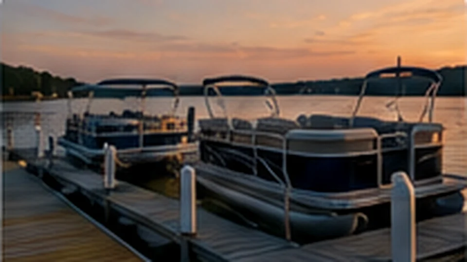 Pontoon boats at a marina near sunset