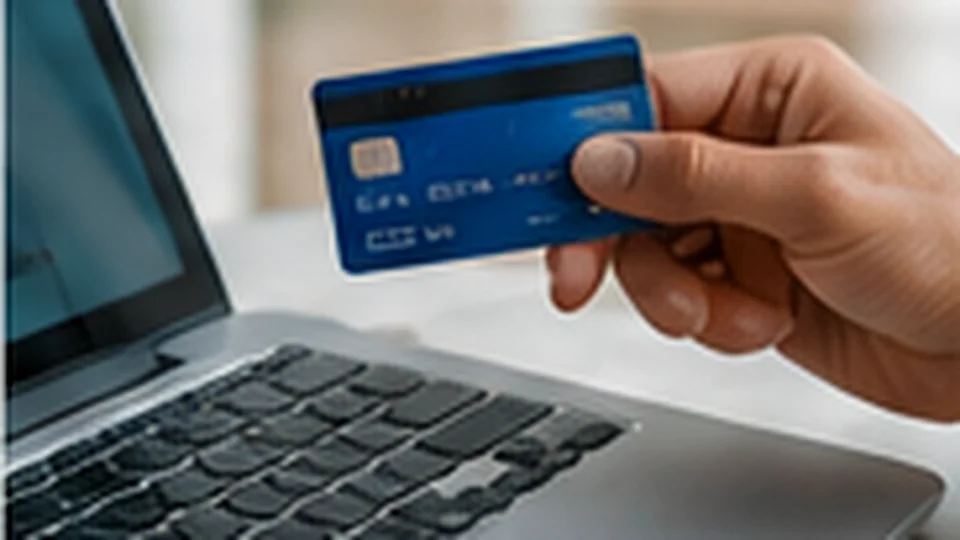 Payment card held near a laptop during an online transaction