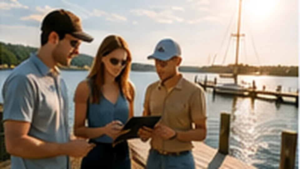 Rental staff reviewing a tablet beside boats at a marina