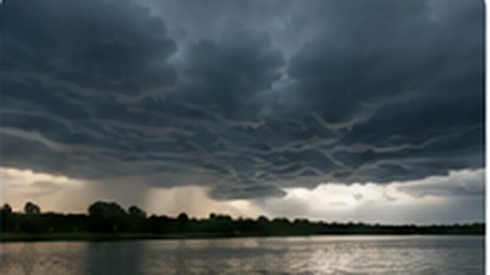 Dark storm clouds over a lake