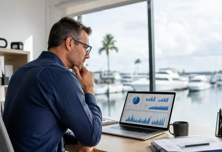 Photograph of a marina manager reviewing booking and revenue reports